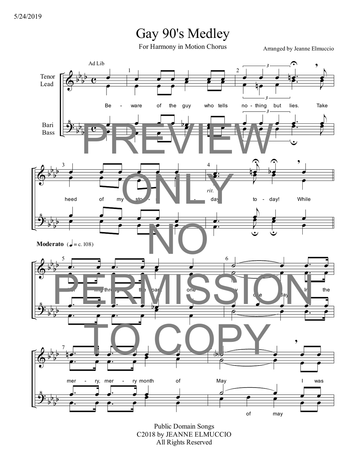 Gay 90S Medley — sheet music preview, arranged by Jeanne Elmuccio