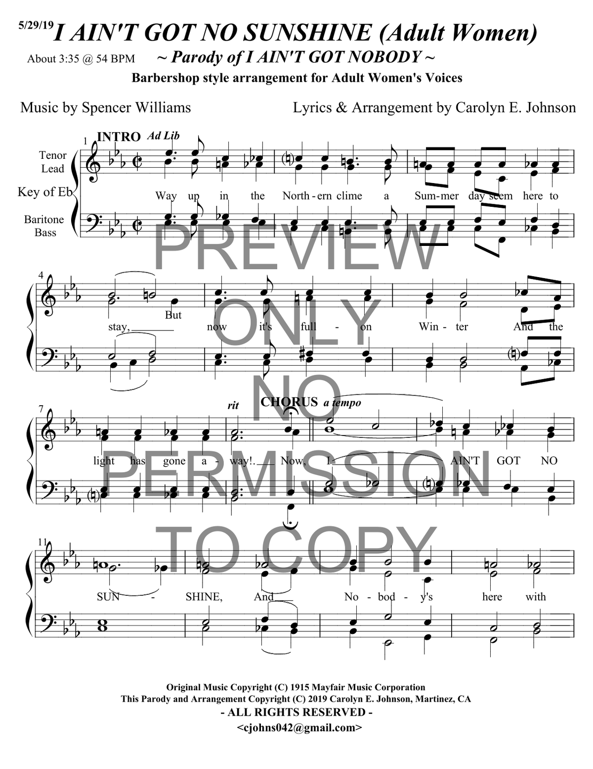 I Ain't Got No Sunshine — sheet music preview, arranged by Carolyn Johnson