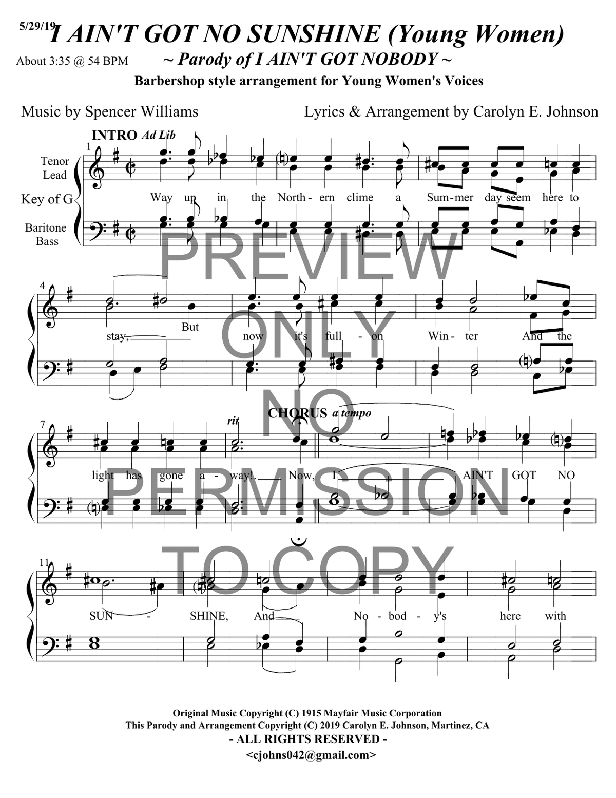 YW - I Ain't Got No Sunshine — sheet music preview, arranged by Carolyn Johnson