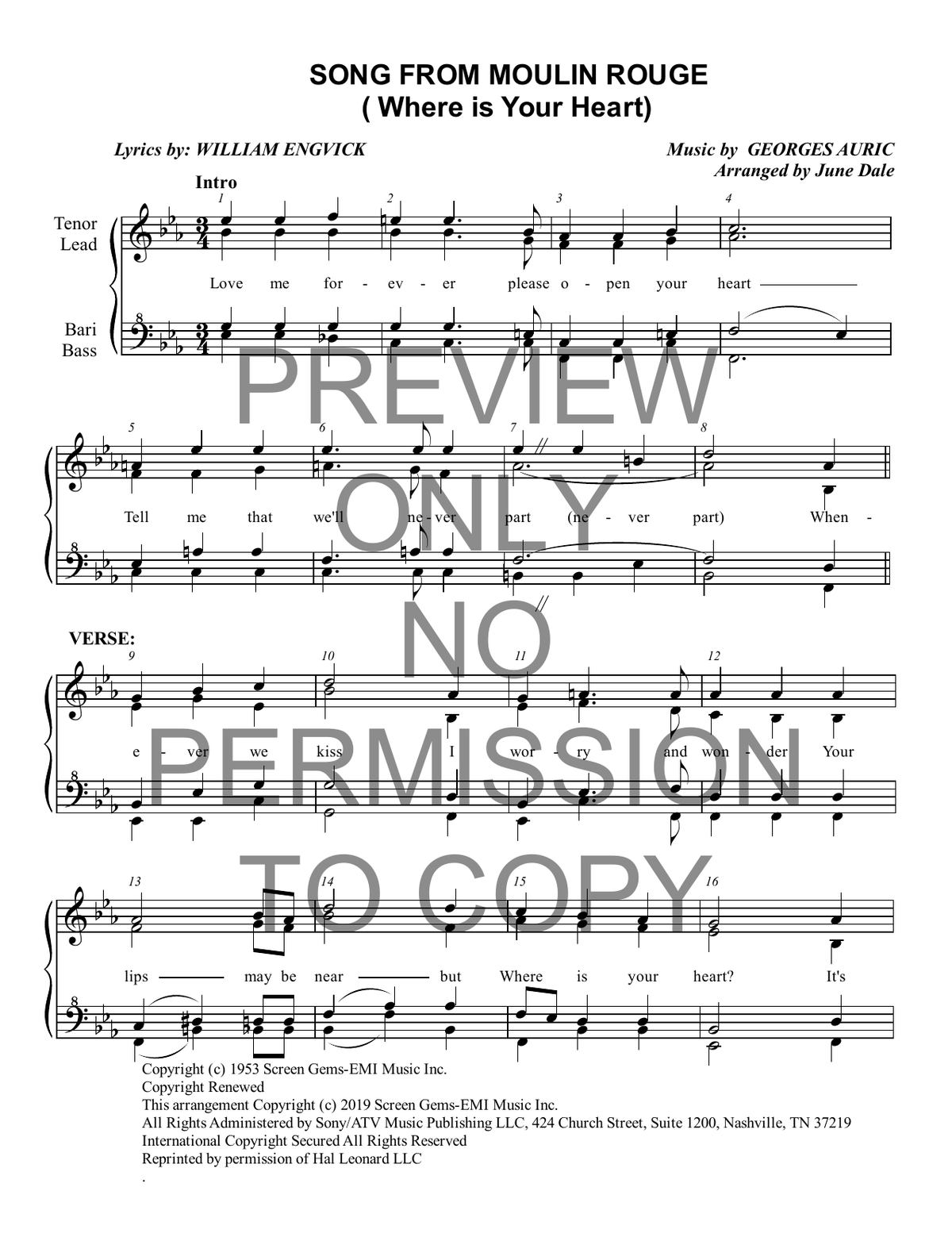 Where Is Your Heart? (Song From Moulin Rouge) — sheet music preview, arranged by June Dale