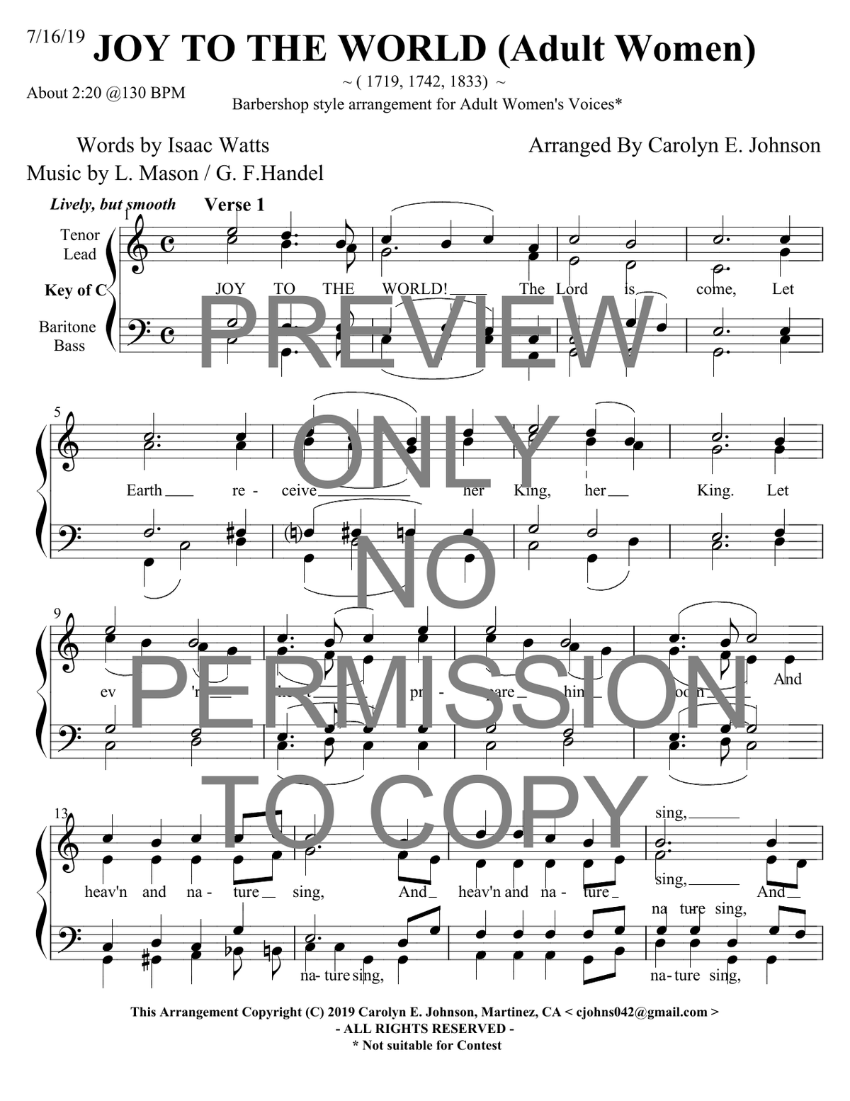 Joy To The World — sheet music preview, arranged by Carolyn Johnson