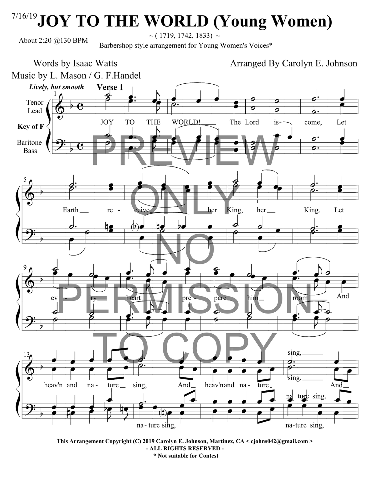 YW - Joy To The World — sheet music preview, arranged by Carolyn Johnson
