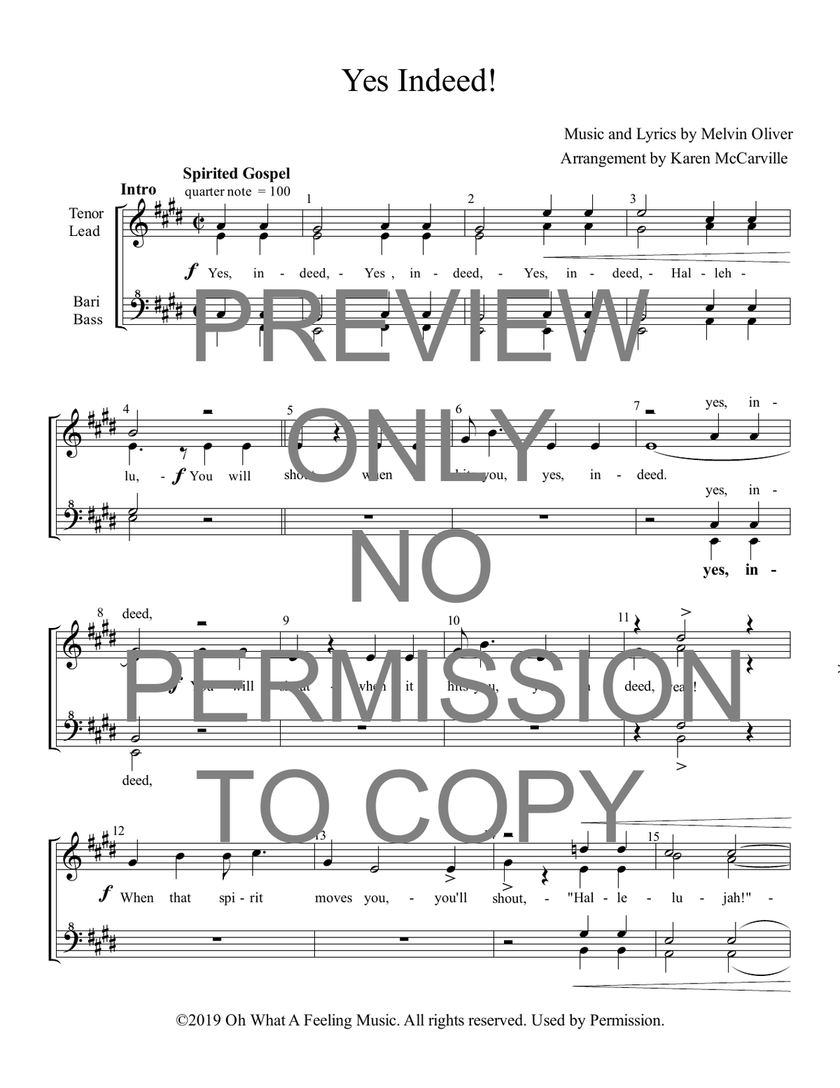 Yes Indeed! — sheet music preview, arranged by Karen McCarville