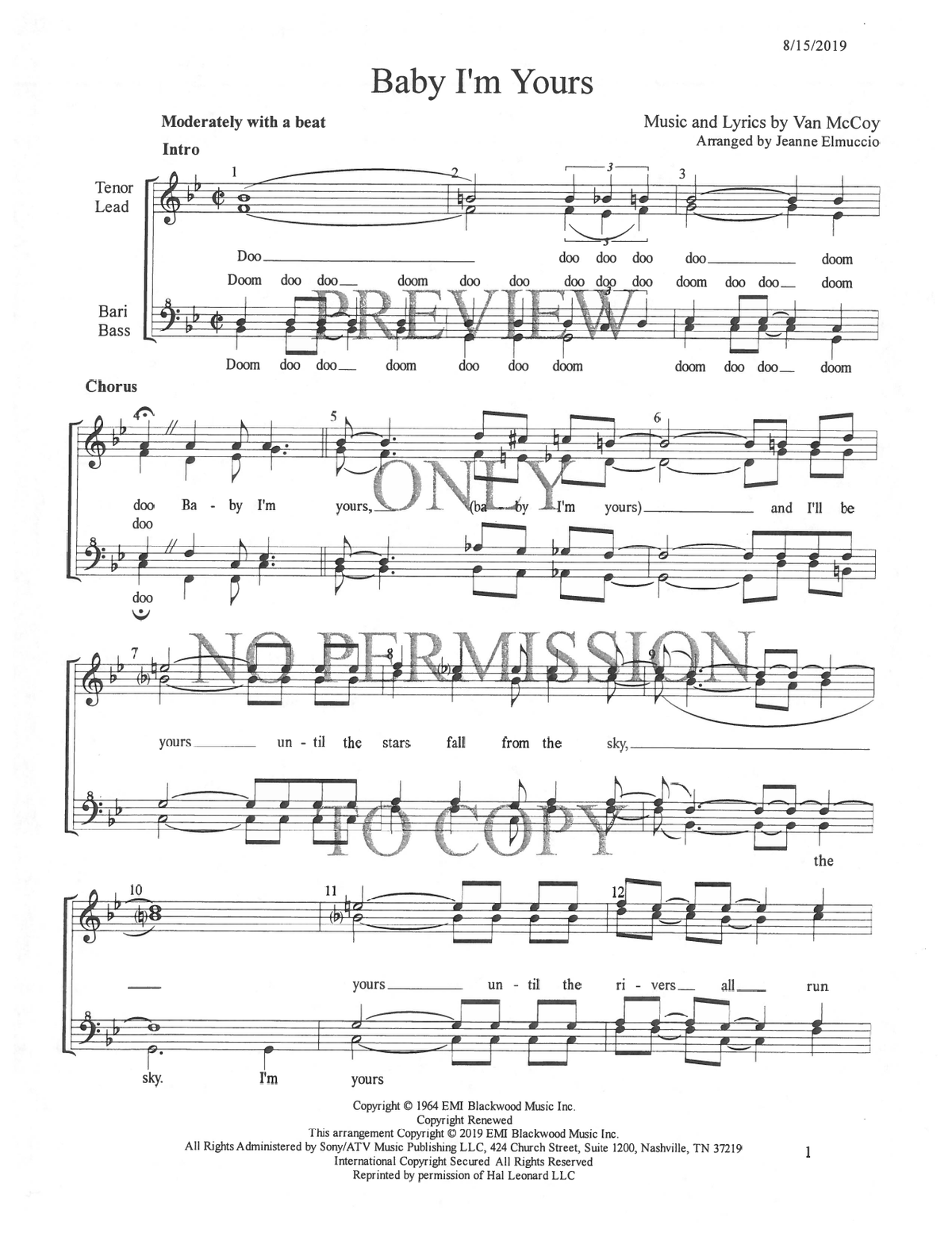 Baby I'm Yours — sheet music preview, arranged by Jeanne Elmuccio