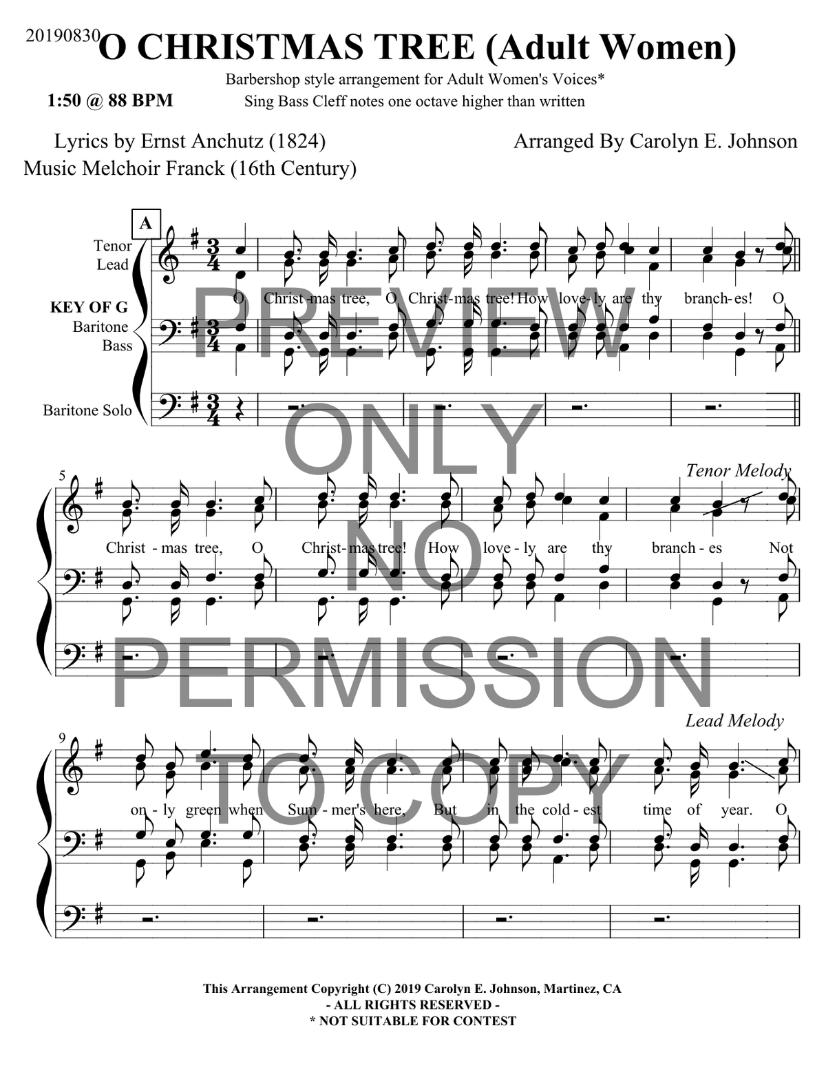 O Christmas Tree — sheet music preview, arranged by Carolyn Johnson