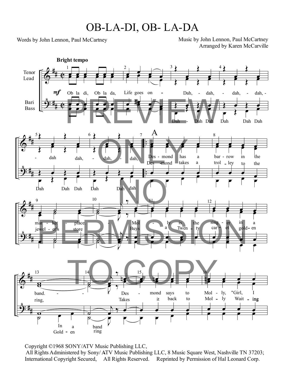 Ob-La-Di, Ob-La-Da — sheet music preview, arranged by Karen McCarville