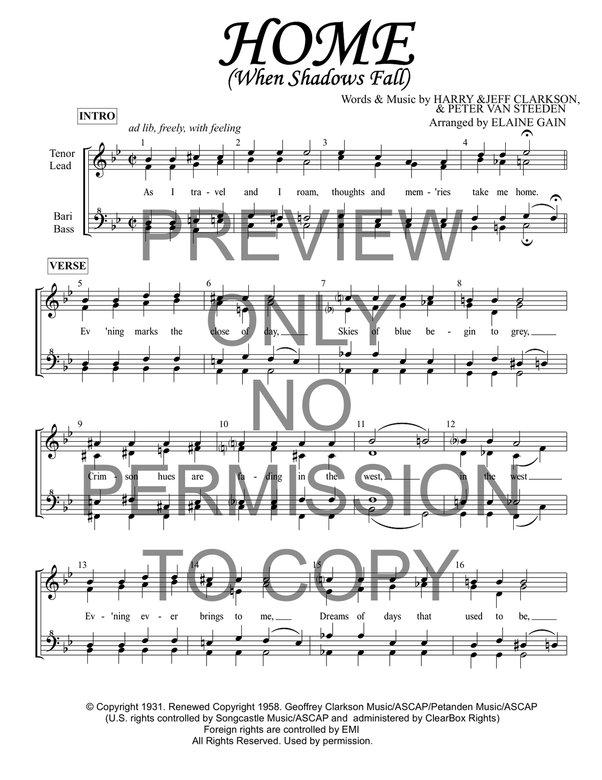 Home (Where Shadows Fall) — sheet music preview, arranged by Elaine Gain
