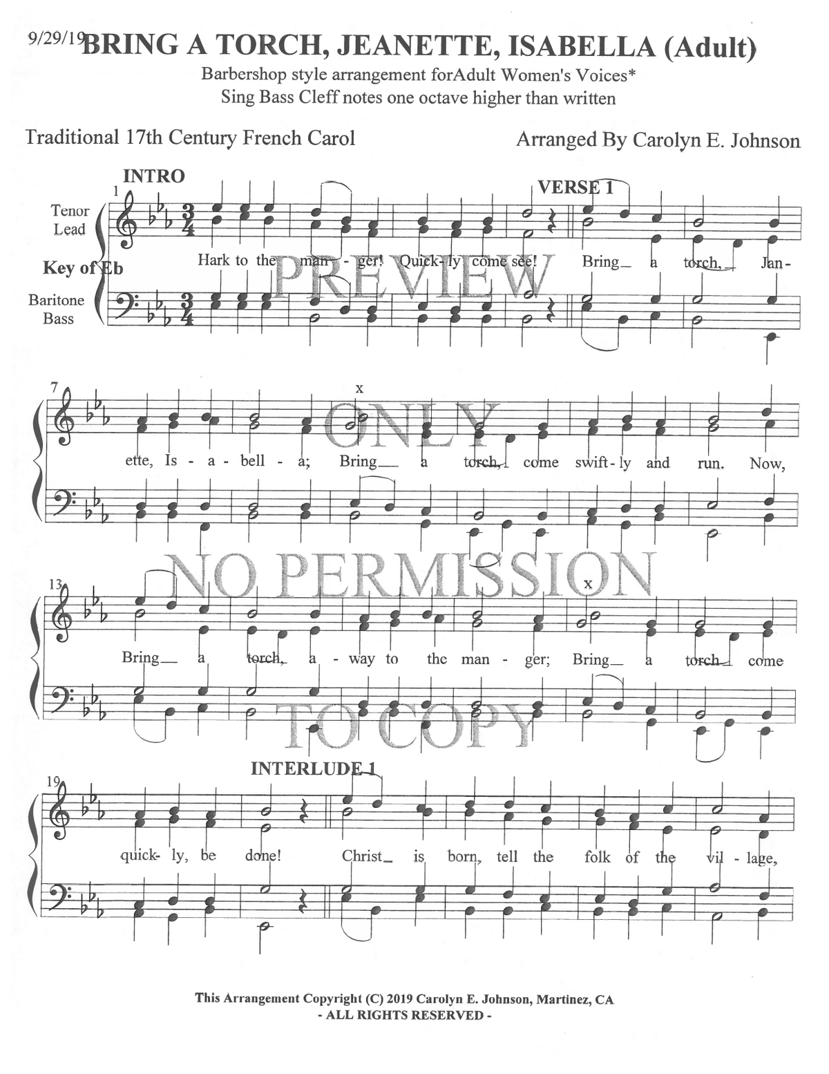 Bring A Torch, Jeanette, Isabella — sheet music preview, arranged by Carolyn Johnson