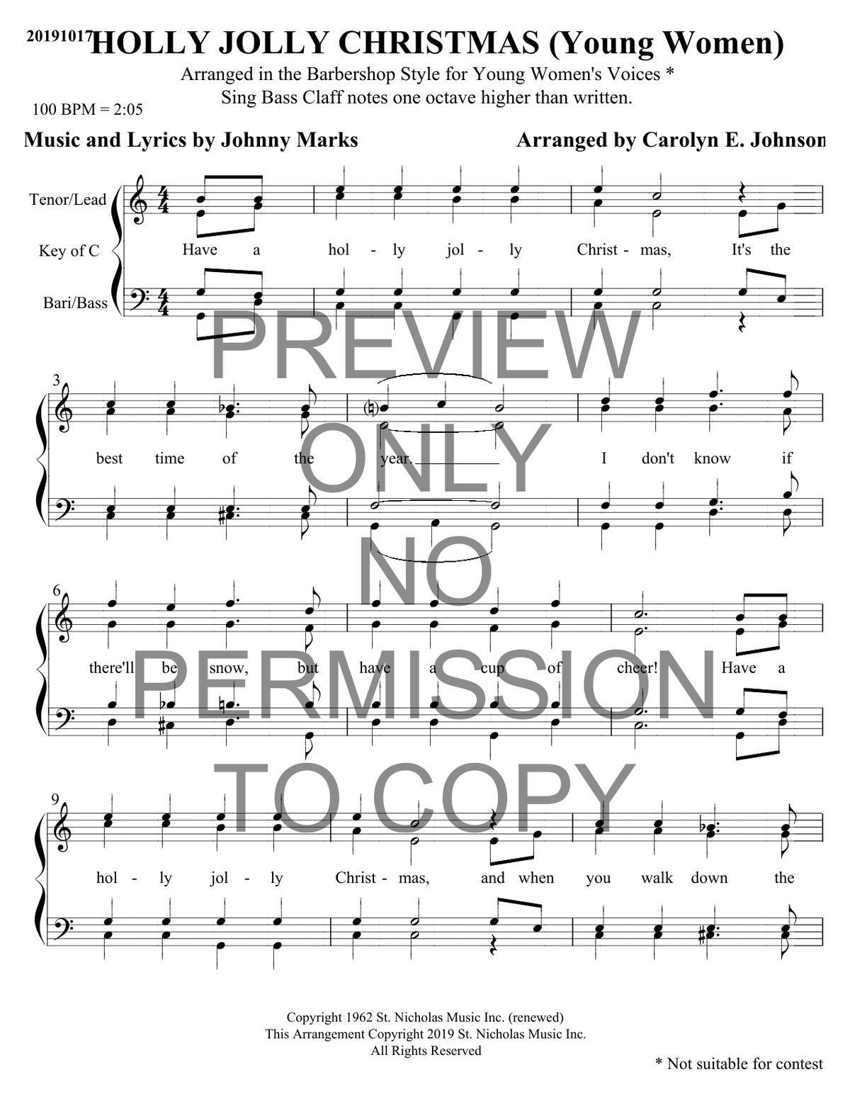YW - A Holly Jolly Christmas — sheet music preview, arranged by Carolyn Johnson