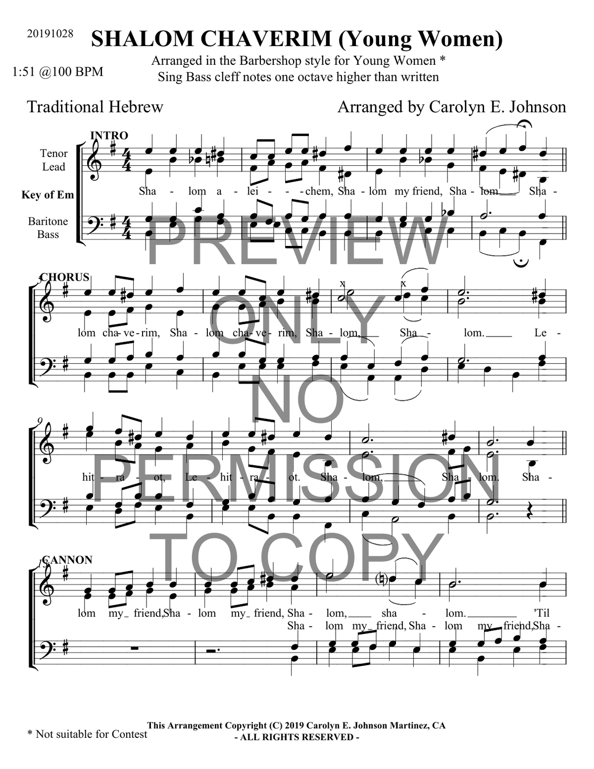 YW - Shalom Chaverim — sheet music preview, arranged by Carolyn Johnson