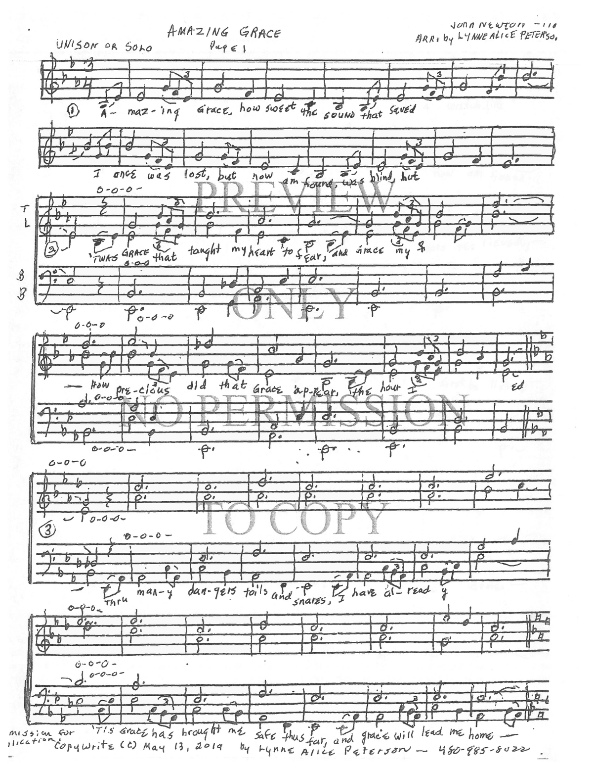 Amazing Grace — sheet music preview, arranged by Lynne Peterson