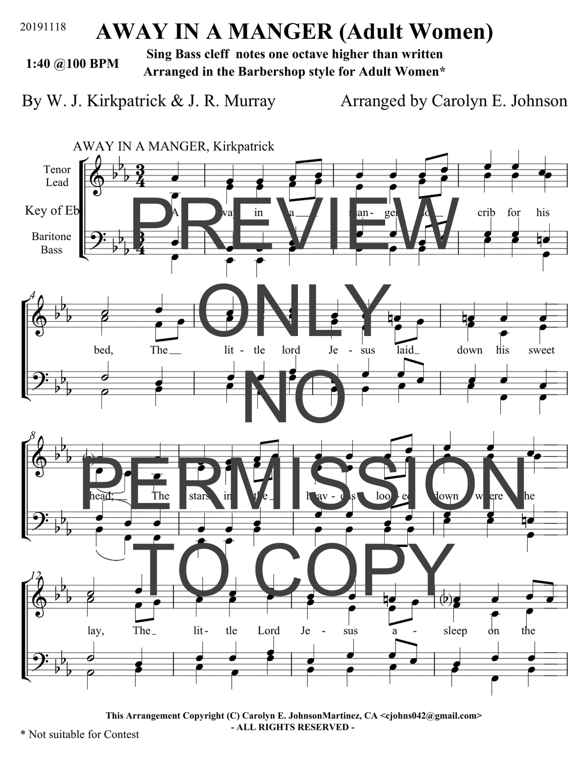 Away In A Manger — sheet music preview, arranged by Carolyn Johnson