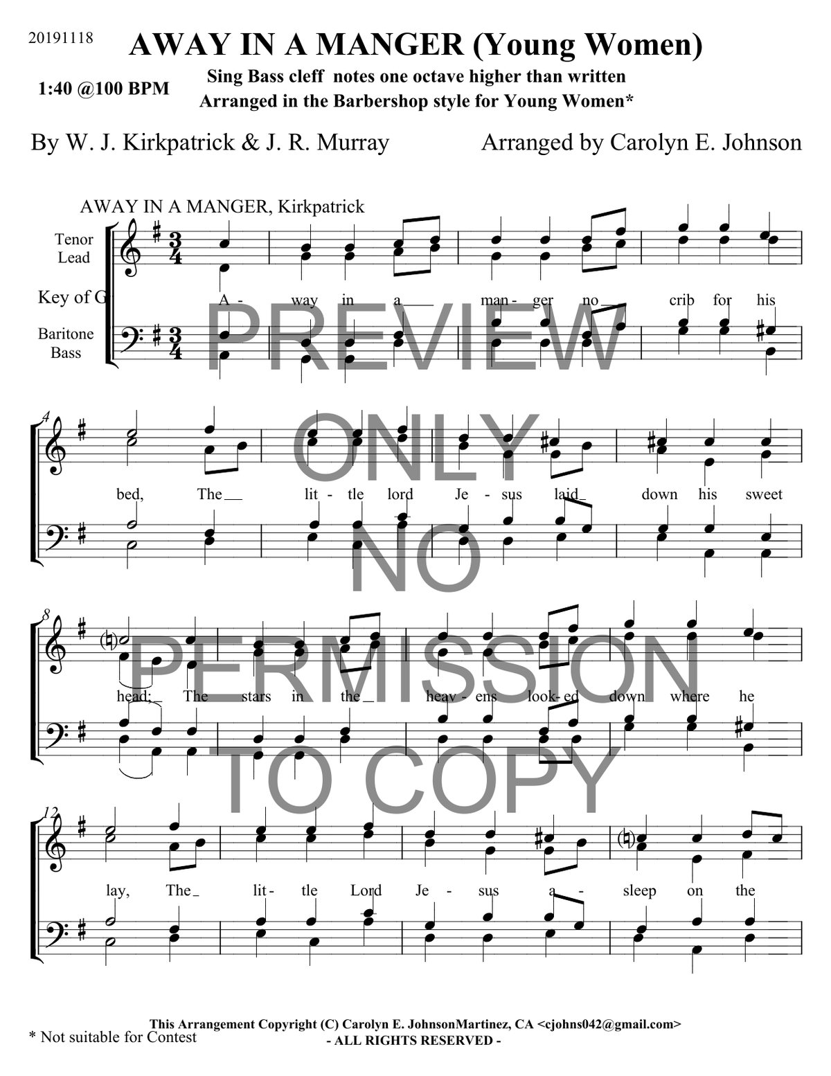YW - Away In A Manger — sheet music preview, arranged by Carolyn Johnson