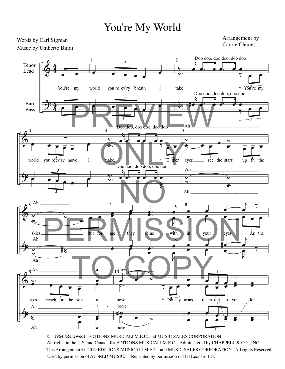 You're My World — sheet music preview, arranged by Carole Clemes