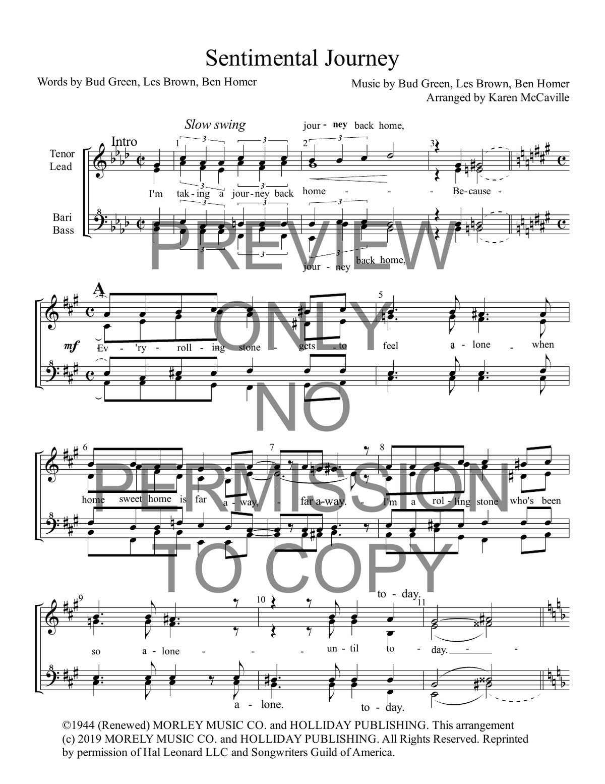 Sentimental Journey — sheet music preview, arranged by Karen McCarville