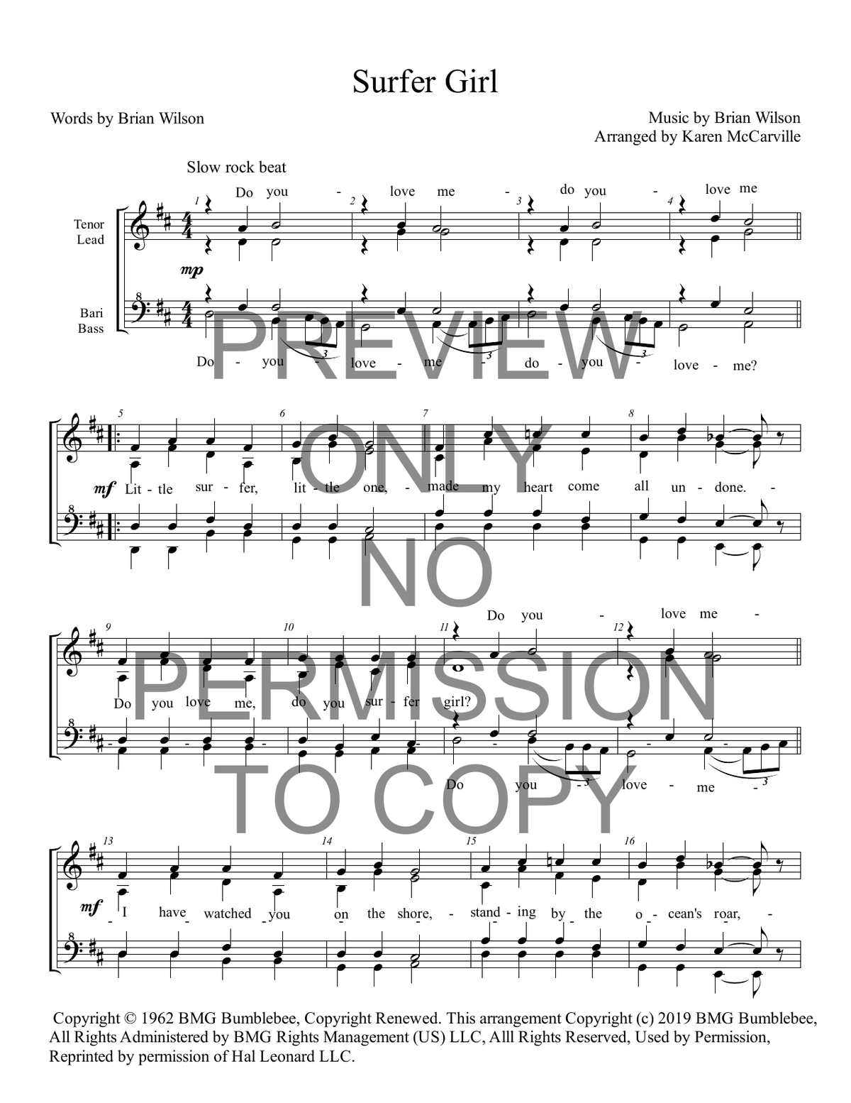 Surfer Girl — sheet music preview, arranged by Karen McCarville