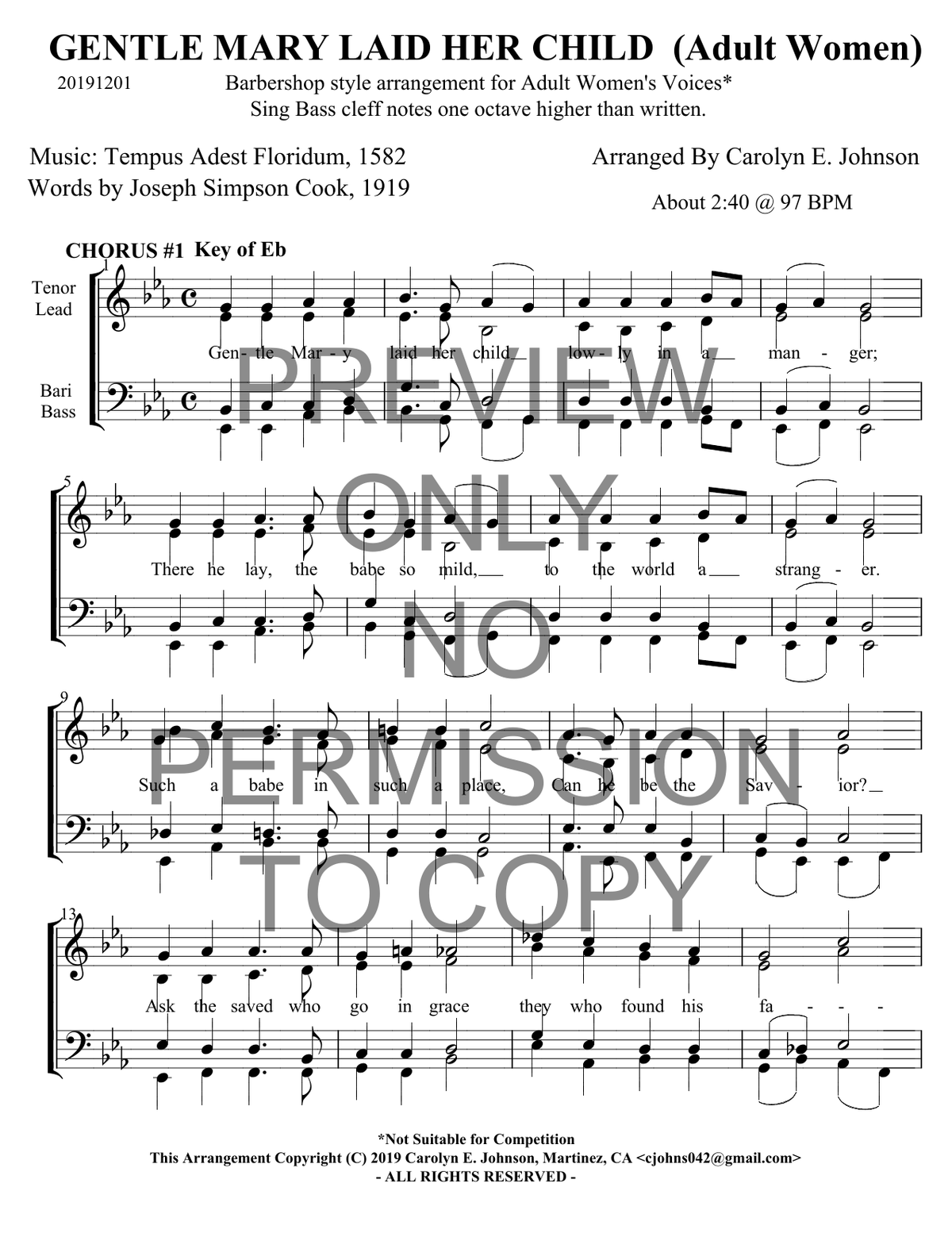 Gentle Mary Laid Her Child — sheet music preview, arranged by Carolyn Johnson