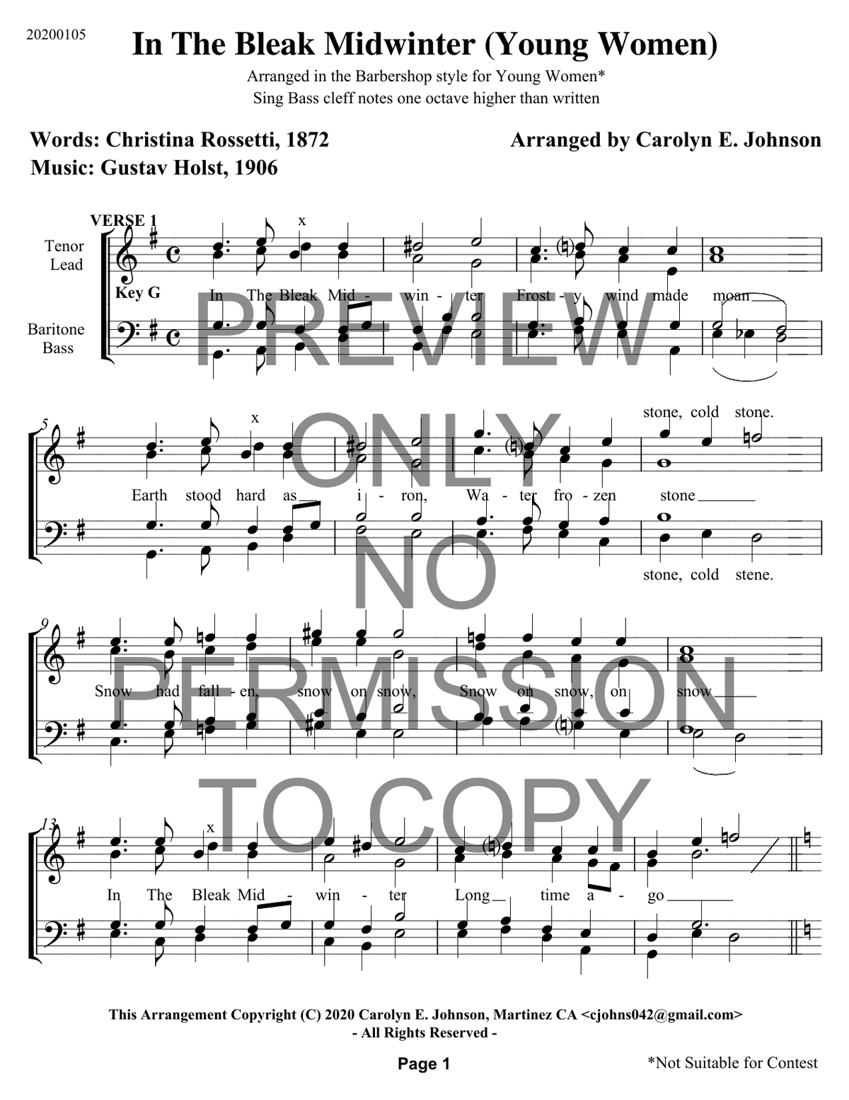 YW - In The Bleak Midwinter — sheet music preview, arranged by Carolyn Johnson