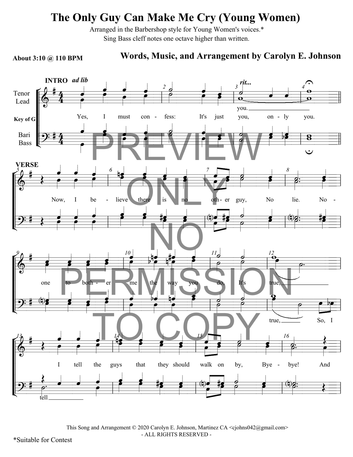 YW - The Only Guy Can Make Me Cry — sheet music preview, arranged by Carolyn Johnson