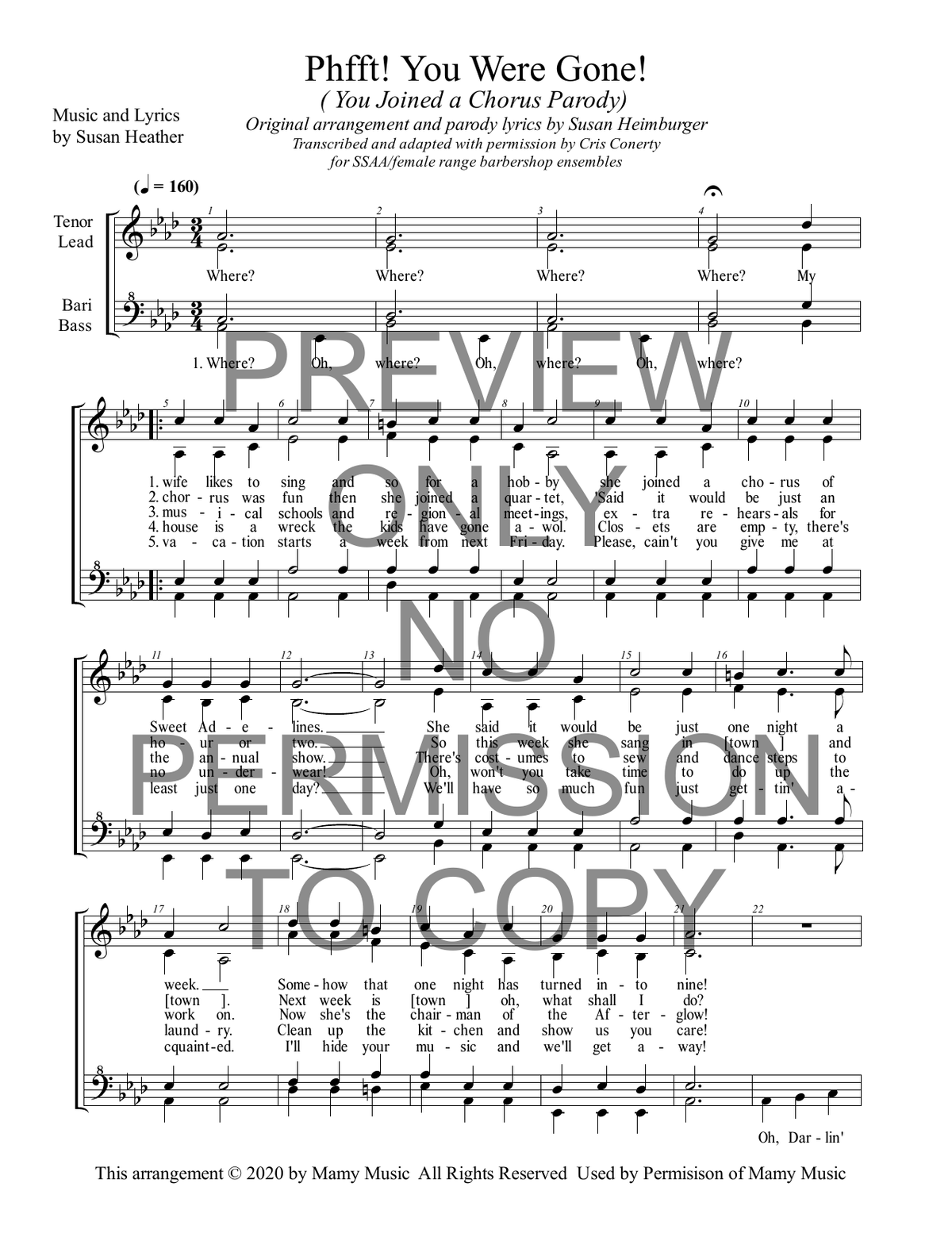 Phfft! You Were Gone! Parody — sheet music preview, arranged by Susan Heimburger