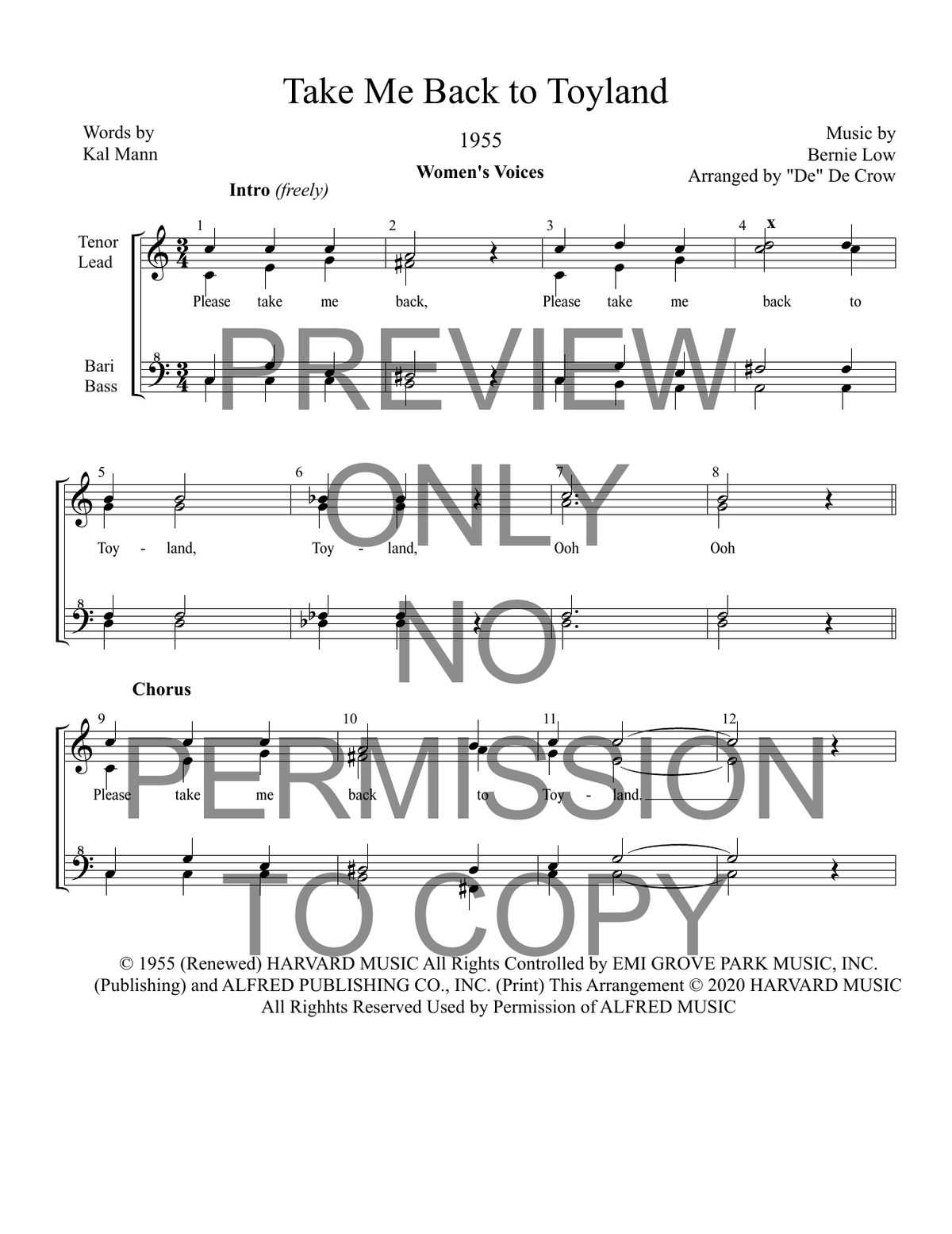 Take Me Back To Toyland — sheet music preview, arranged by De De Crow