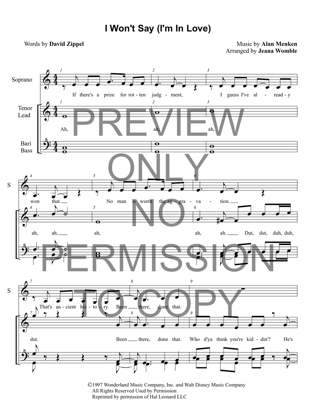 I Won't Say (I'm In Love) — sheet music preview, arranged by Jeana Womble