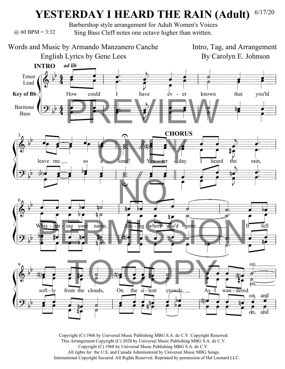 Yesterday I Heard The Rain — sheet music preview, arranged by Carolyn Johnson