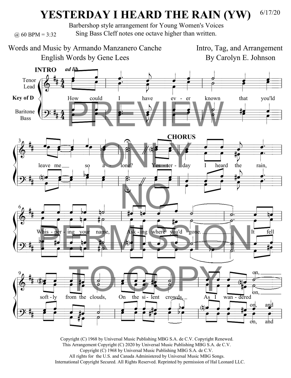YW - Yesterday I Heard The Rai — sheet music preview, arranged by Carolyn Johnson