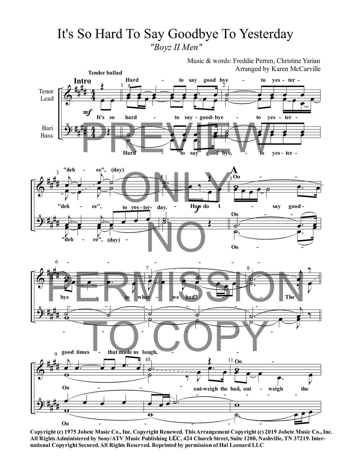 It's So Hard To Say Goodbye To Yesterday — sheet music preview, arranged by Karen McCarville