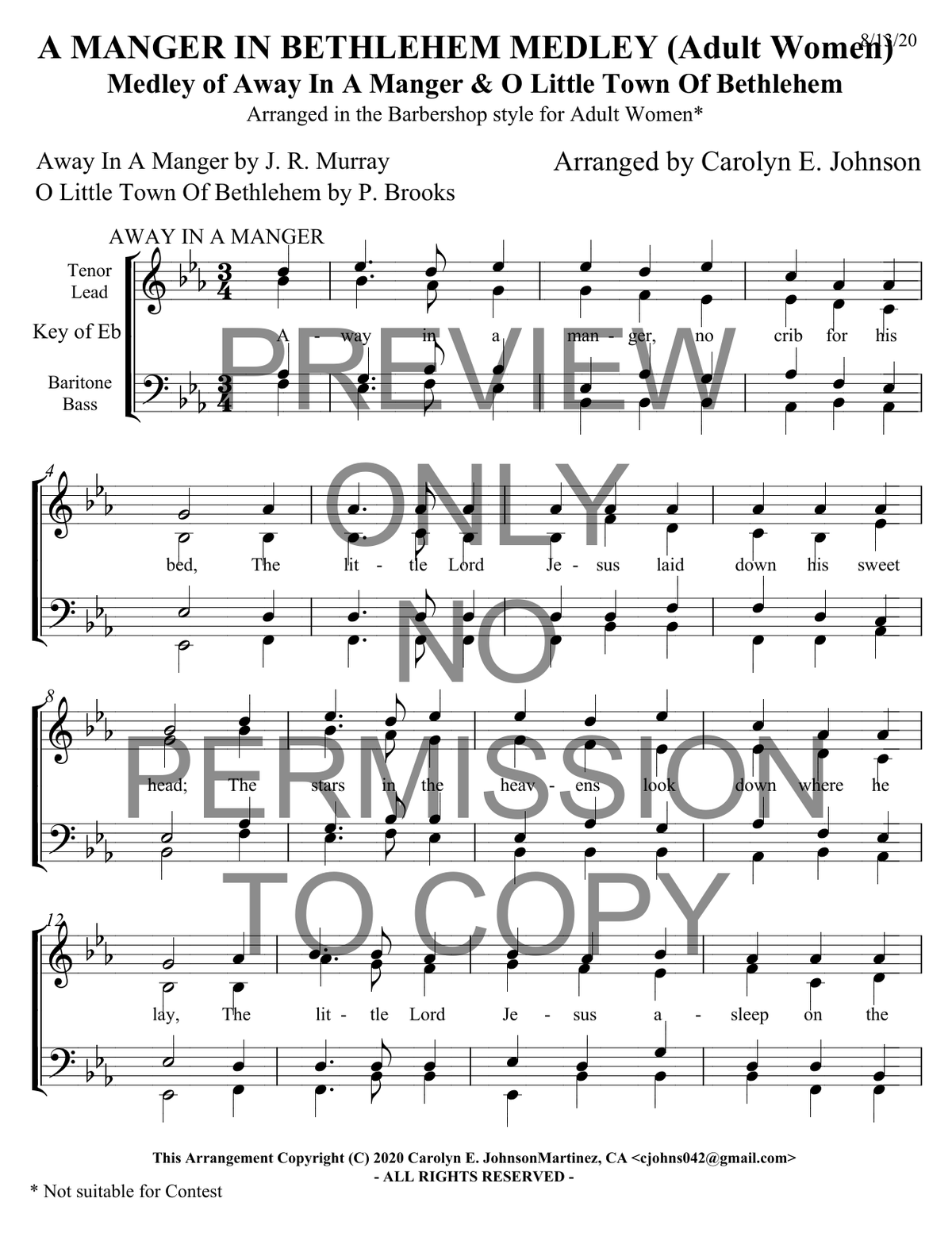 A Manger In Bethlehem Medley — sheet music preview, arranged by Carolyn Johnson
