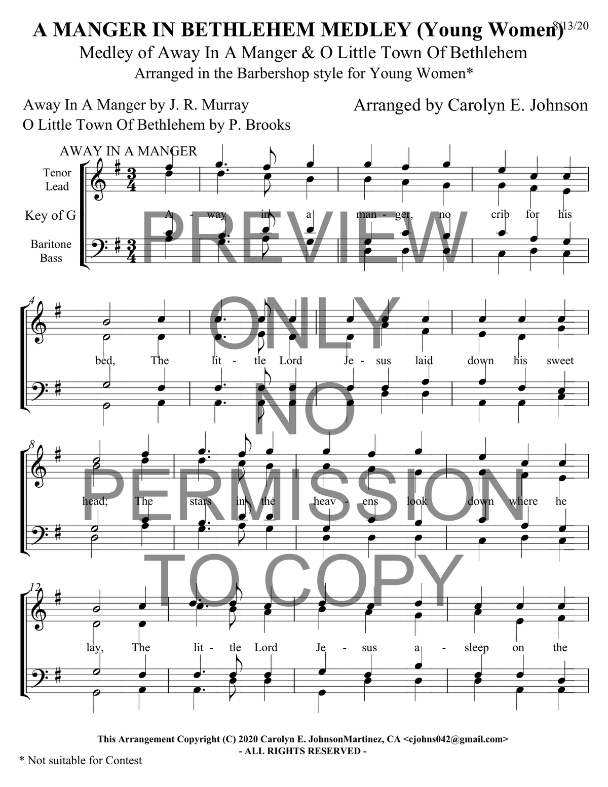 YW - A Manger In Bethlehem Medley — sheet music preview, arranged by Carolyn Johnson