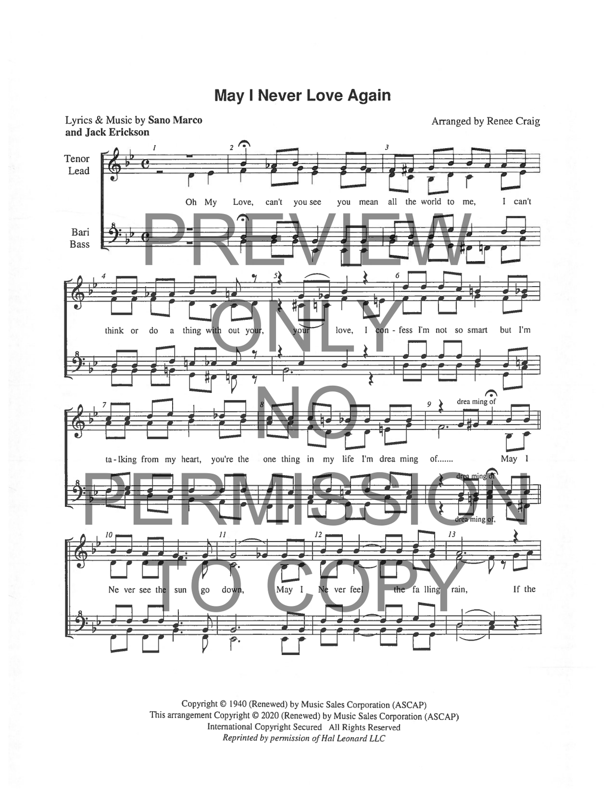 May I Never Love Again — sheet music preview, arranged by Renee Craig