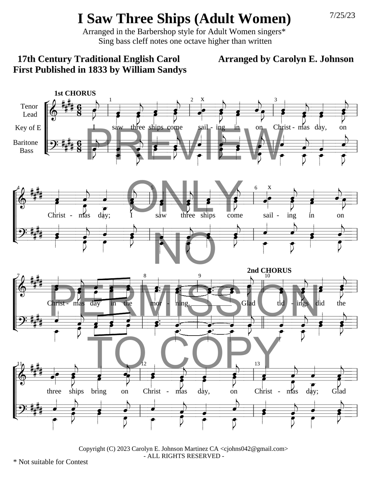I Saw Three Ships — sheet music preview, arranged by Carolyn Johnson