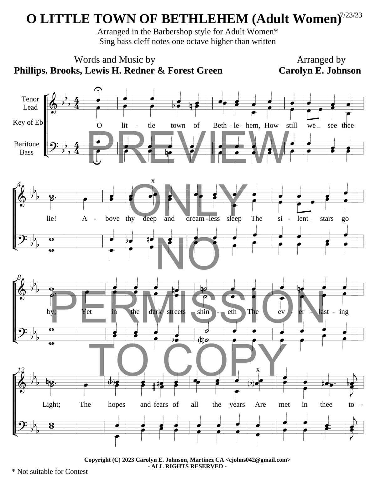 O Little Town Of Bethlehem — sheet music preview, arranged by Carolyn Johnson