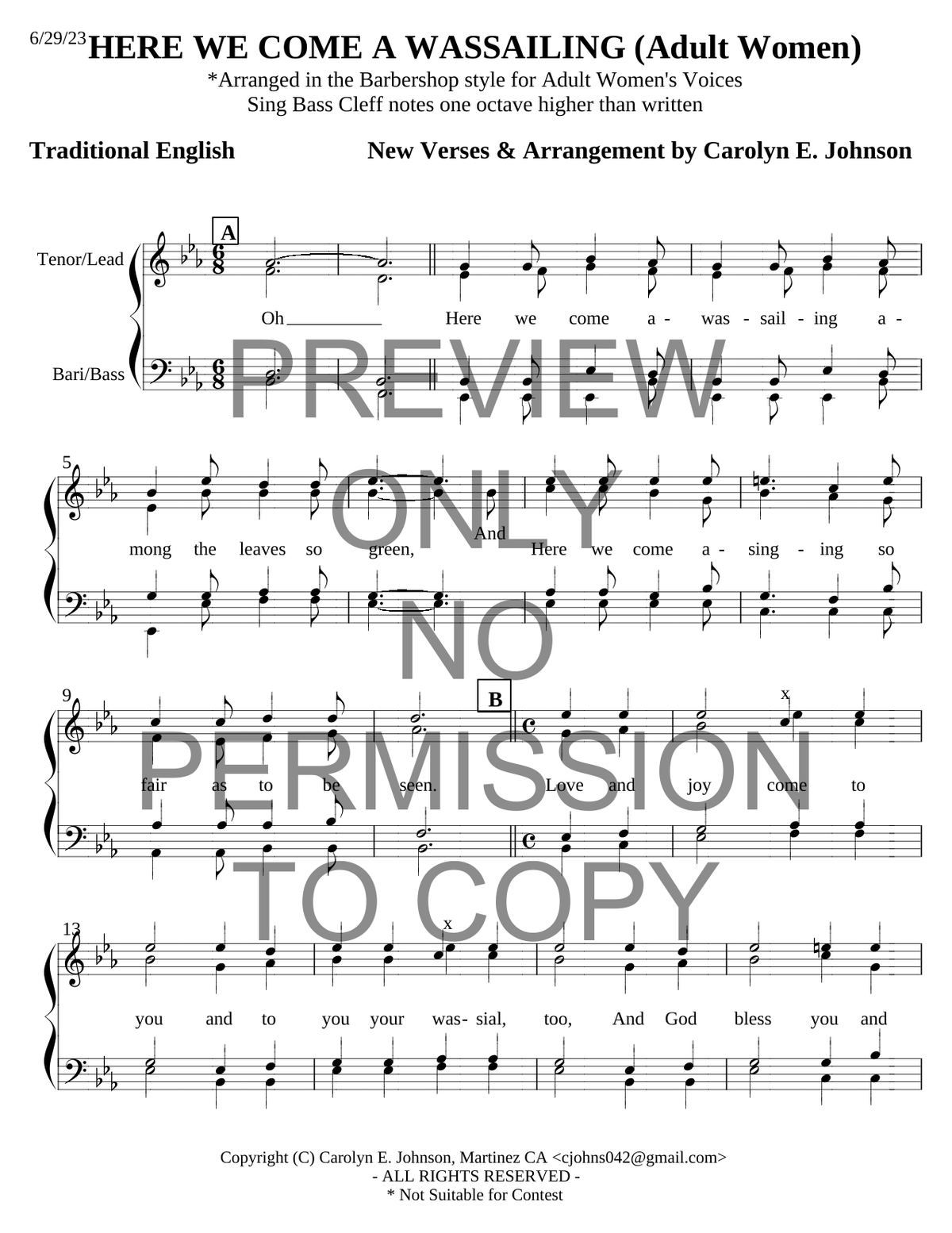 Here We Come A Wassailing — sheet music preview, arranged by Carolyn Johnson