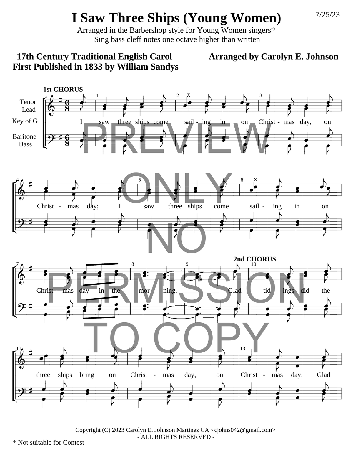 YW - I Saw Three Ships — sheet music preview, arranged by Carolyn Johnson