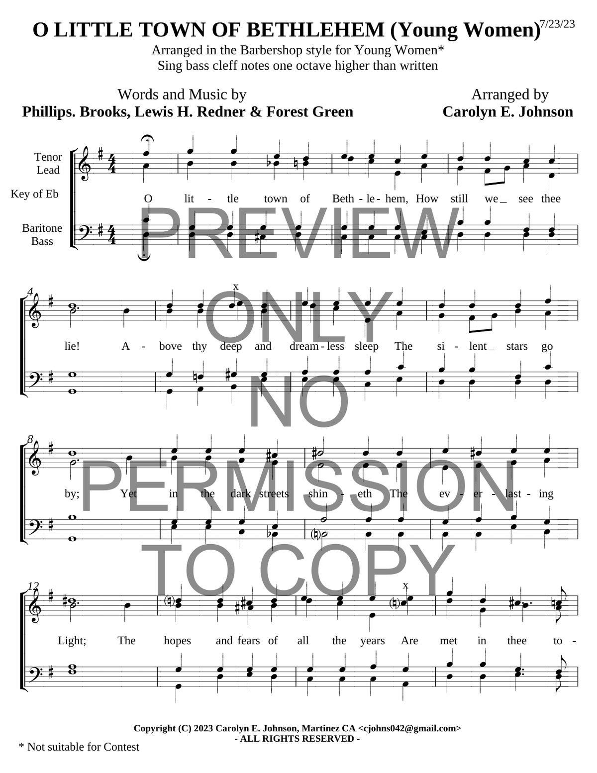 YW - O Little Town Of Bethlehem — sheet music preview, arranged by Carolyn Johnson