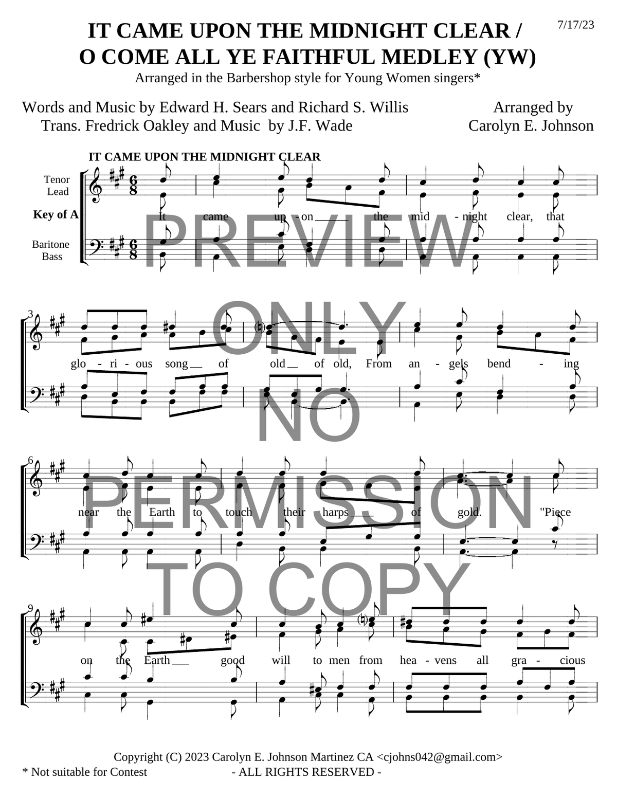 YW - It Came Upon A Midnight Clear, O Come All Ye Faithful Medley — sheet music preview, arranged by Carolyn Johnson