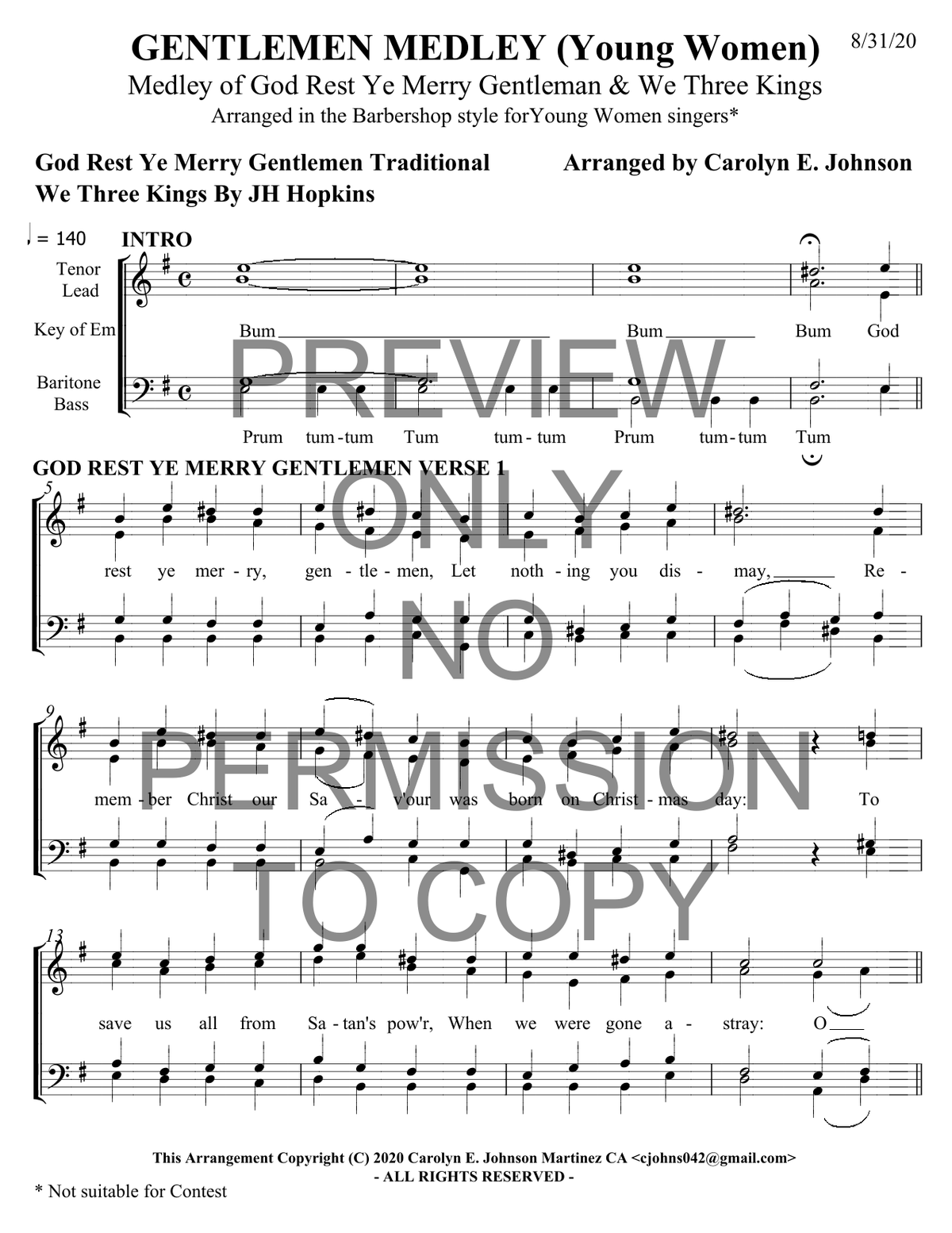 YW - Gentlemen Medley — sheet music preview, arranged by Carolyn Johnson