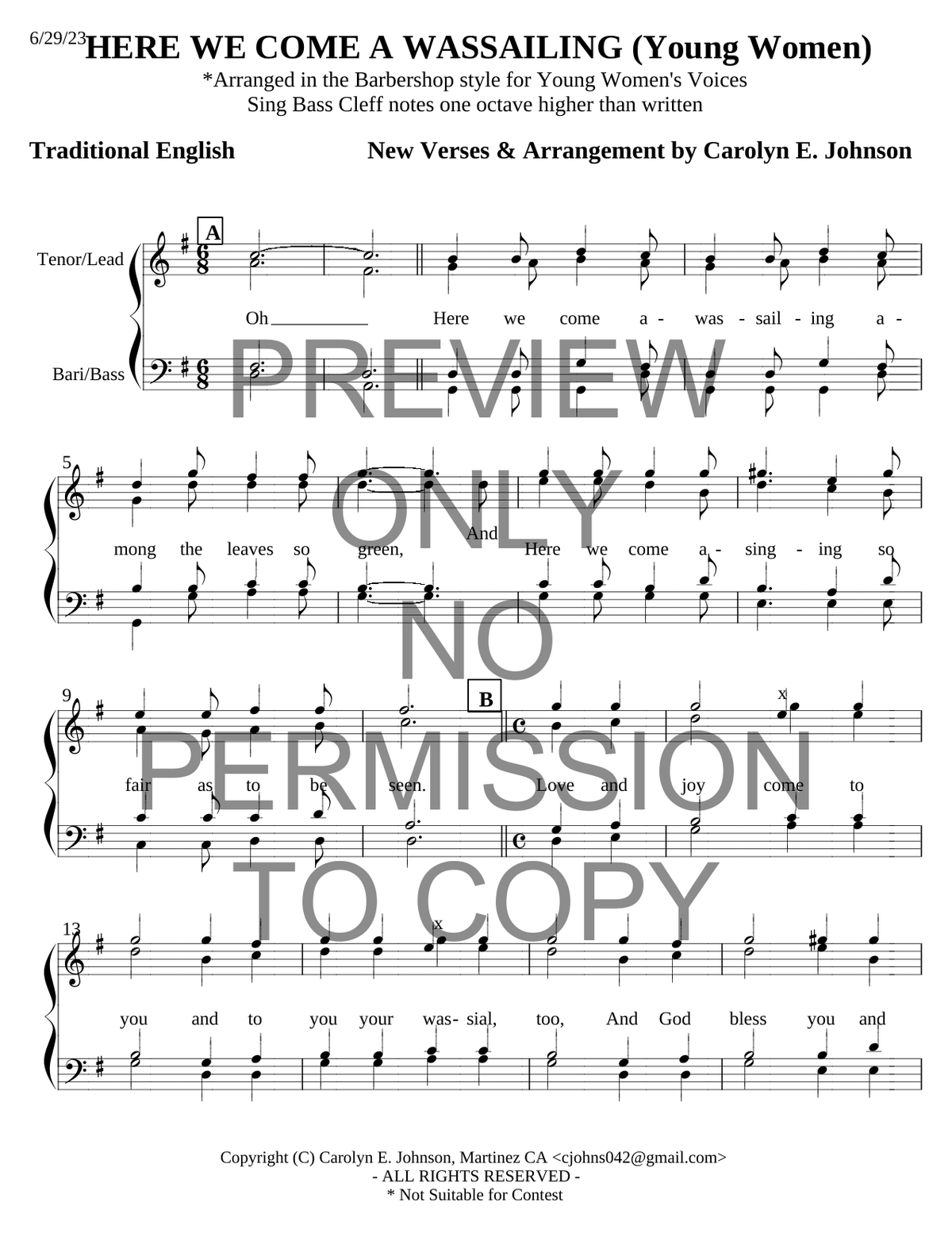 YW - Here We Come A Wassailing — sheet music preview, arranged by Carolyn Johnson