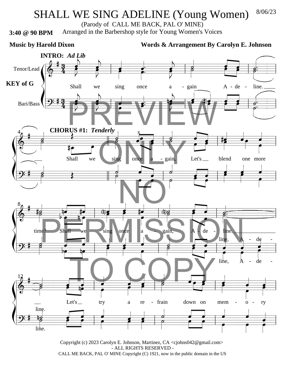 YW - Shall We Sing Adeline* (Parody Of Call Me Back, Pal O' Mine) — sheet music preview, arranged by Carolyn Johnson
