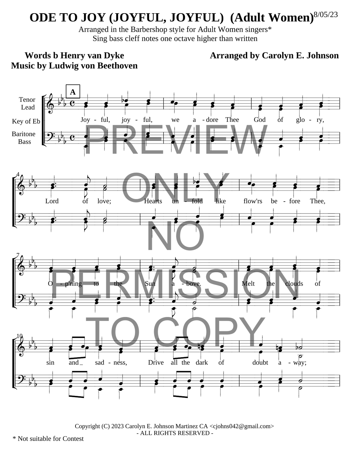 Ode To Joy* (Joyful, Joyful) — sheet music preview, arranged by Carolyn Johnson