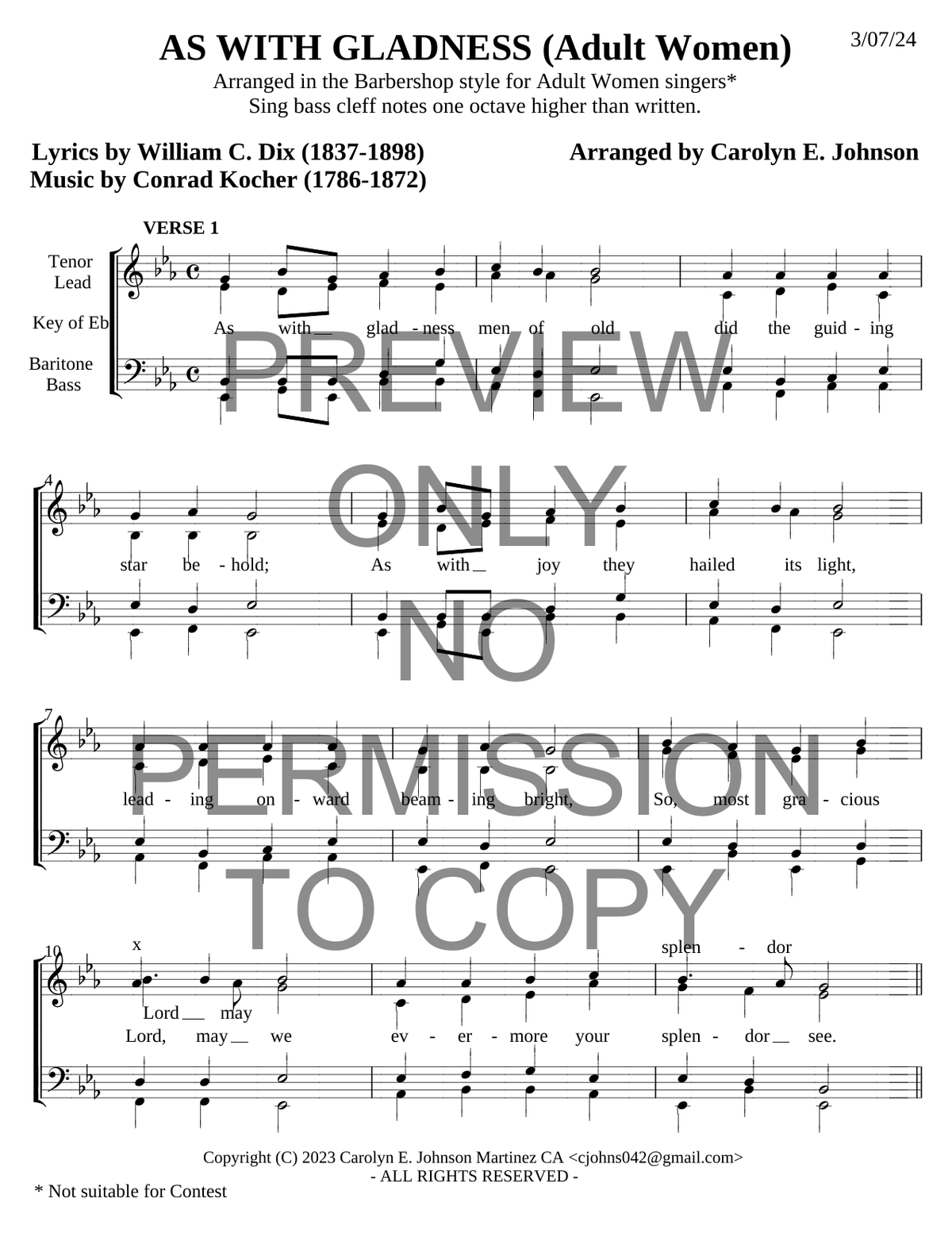 As With Gladness — sheet music preview, arranged by Carolyn Johnson