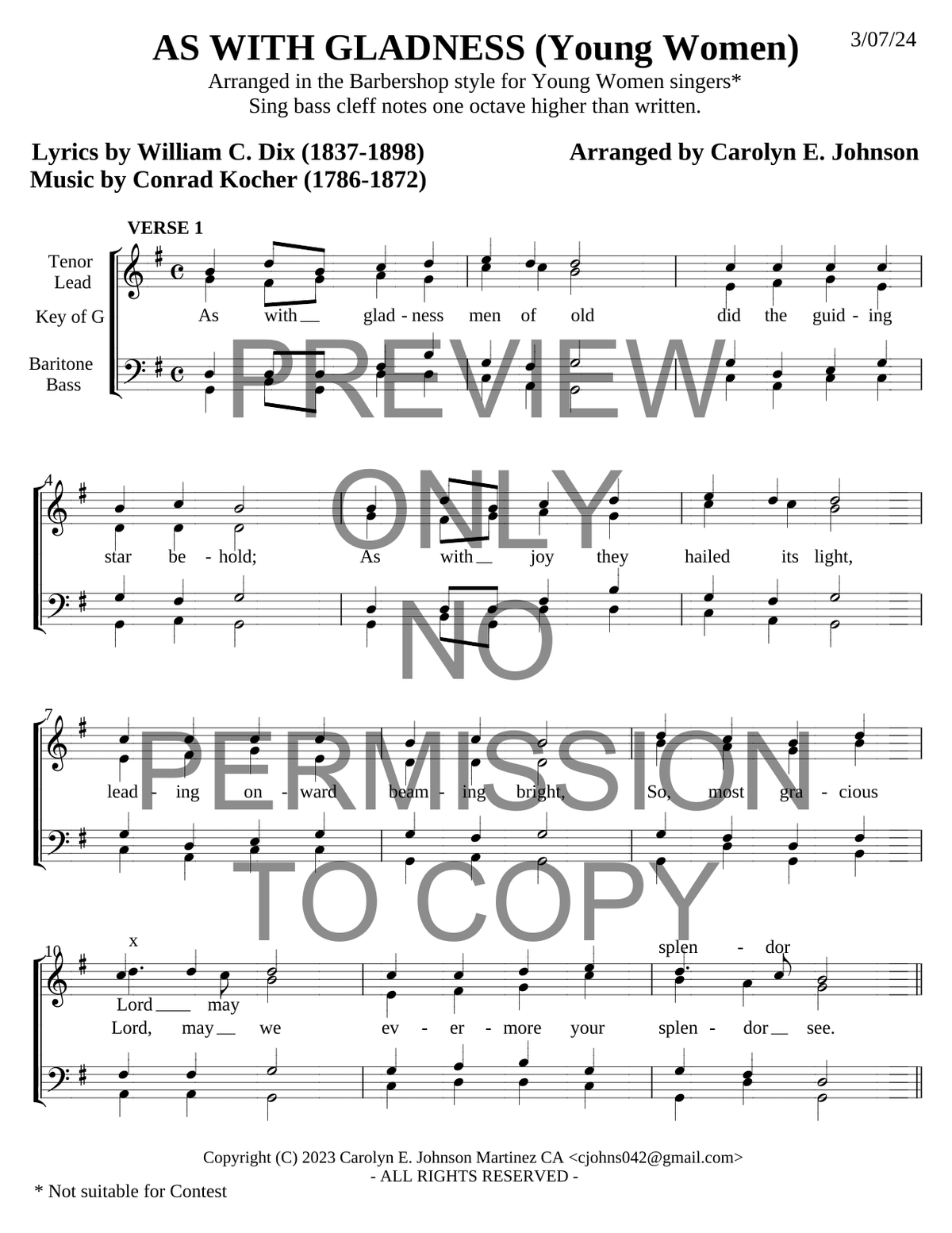 YW - As With Gladness — sheet music preview, arranged by Carolyn Johnson