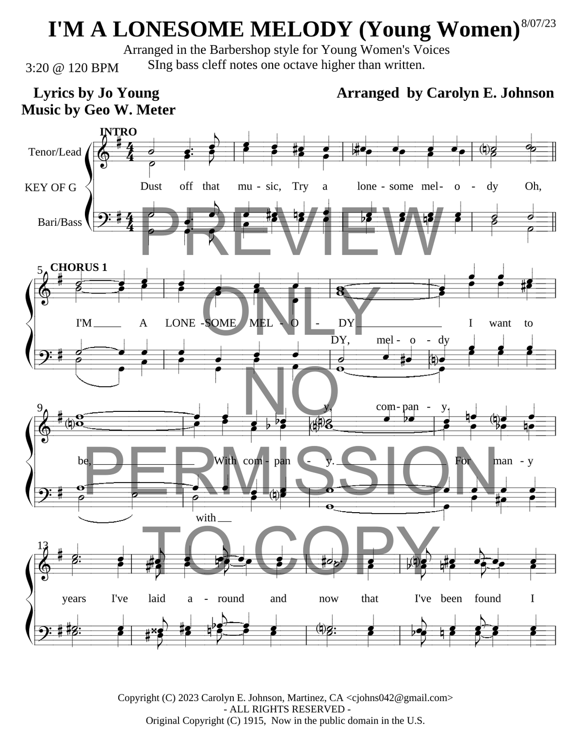 YW - I'm A Lonesome Melody — sheet music preview, arranged by Carolyn Johnson