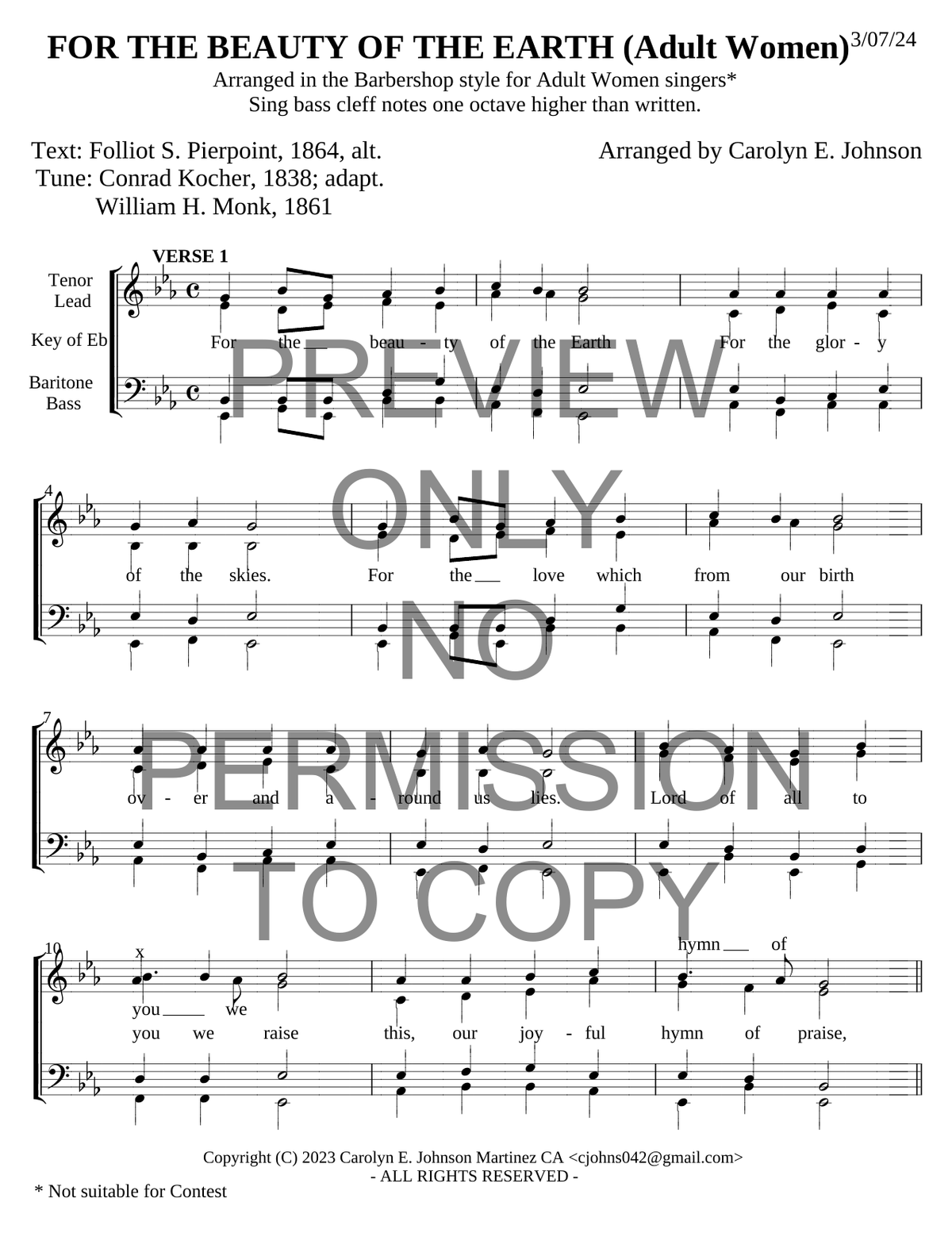 For The Beauty Of The Earth — sheet music preview, arranged by Carolyn Johnson