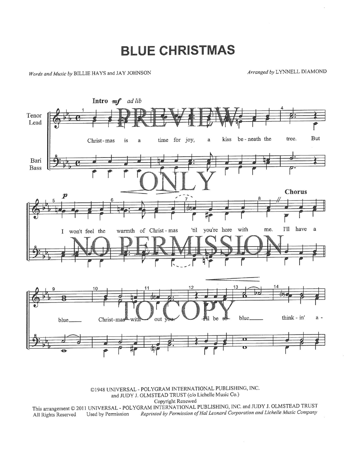 Blue Christmas — sheet music preview, arranged by Lynnell Diamond