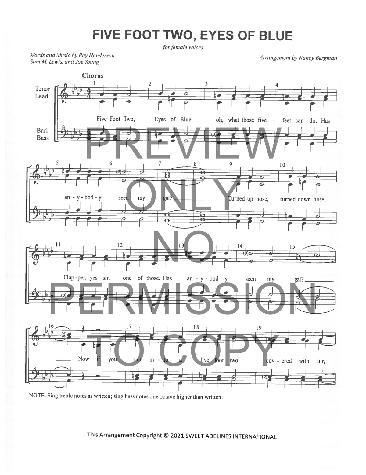FIVE FOOT TWO, EYES OF BLUE — sheet music preview, arranged by Nancy Bergman