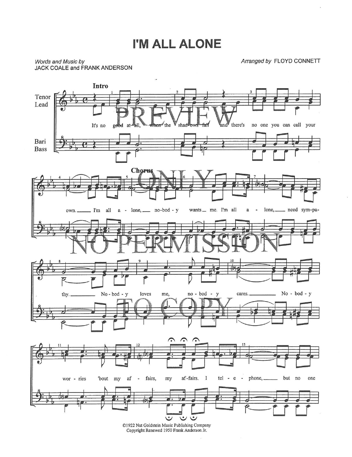 I'm All Alone — sheet music preview, arranged by Floyd Connett