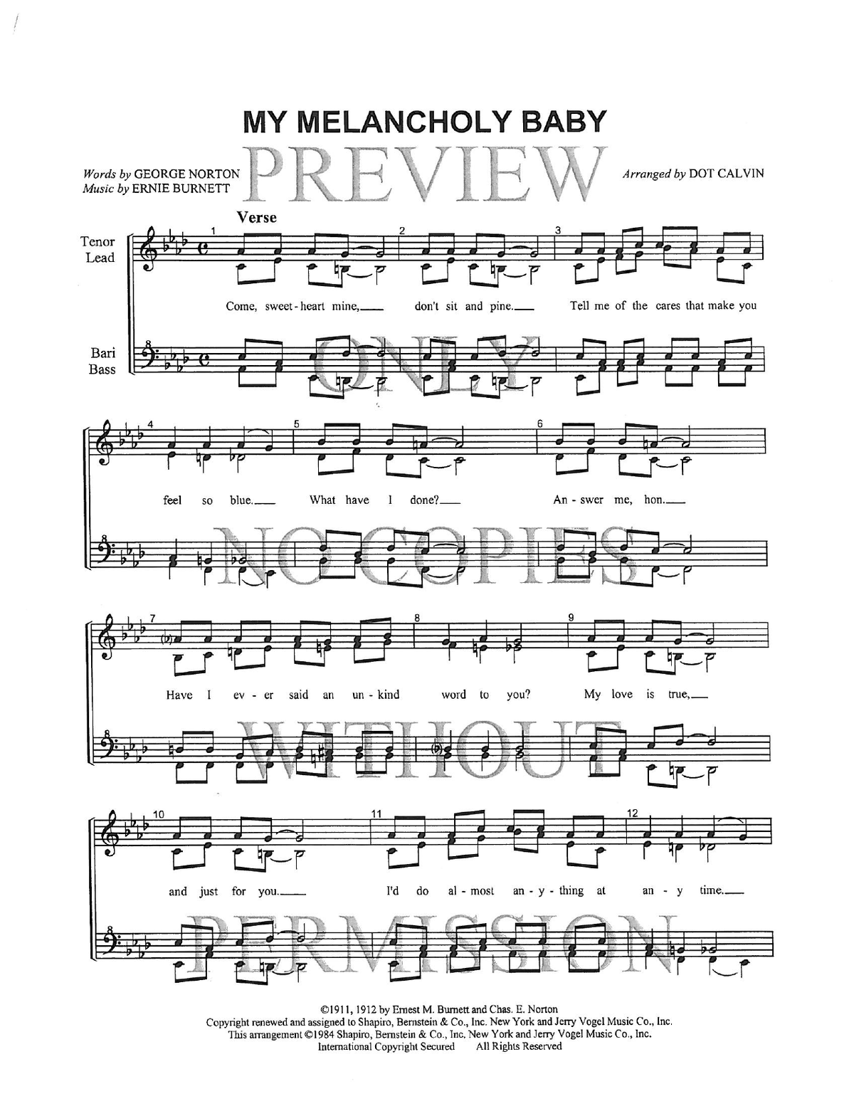 My Melancholy Baby — sheet music preview, arranged by Dot Calvin